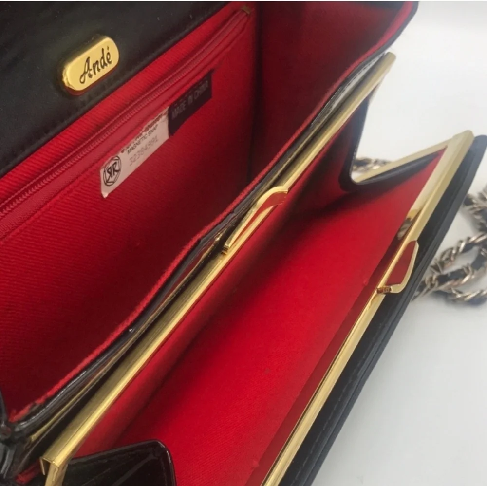 Vintage Ande' Purse Black Quilted Patent Leather Crossbody Clutch Bag